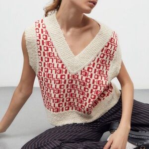 Urban Outfitters Jordie Hello Sweater Vest Red & Cream Ribbed Knit | Size XS